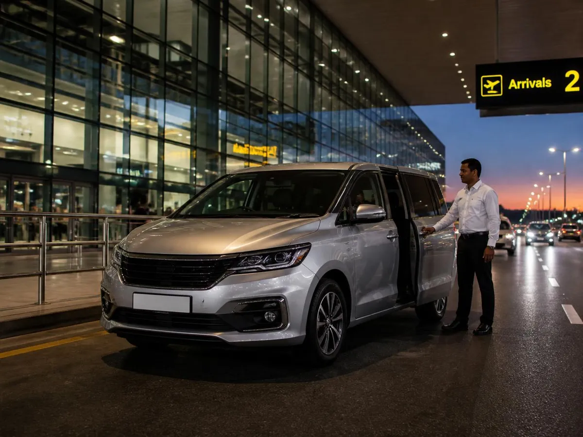 Chauffeur opening the door of an AC taxi at the airport arrivals gate