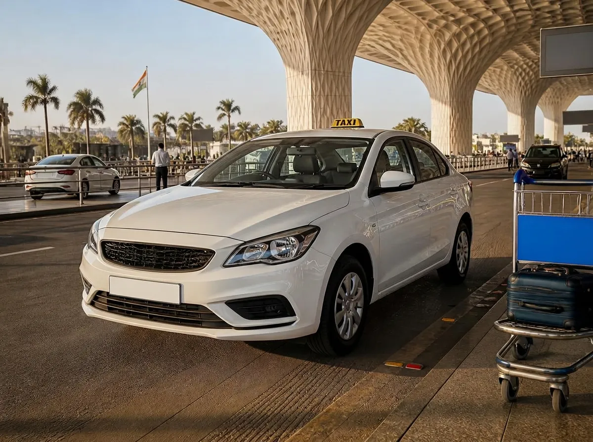 White AC taxi waiting at the Chennai airport terminal pickup point